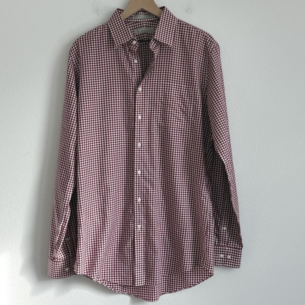 Nordstrom Smartcare Men's L Button Down Shirt Red White Gingham Trim Fit Cotton